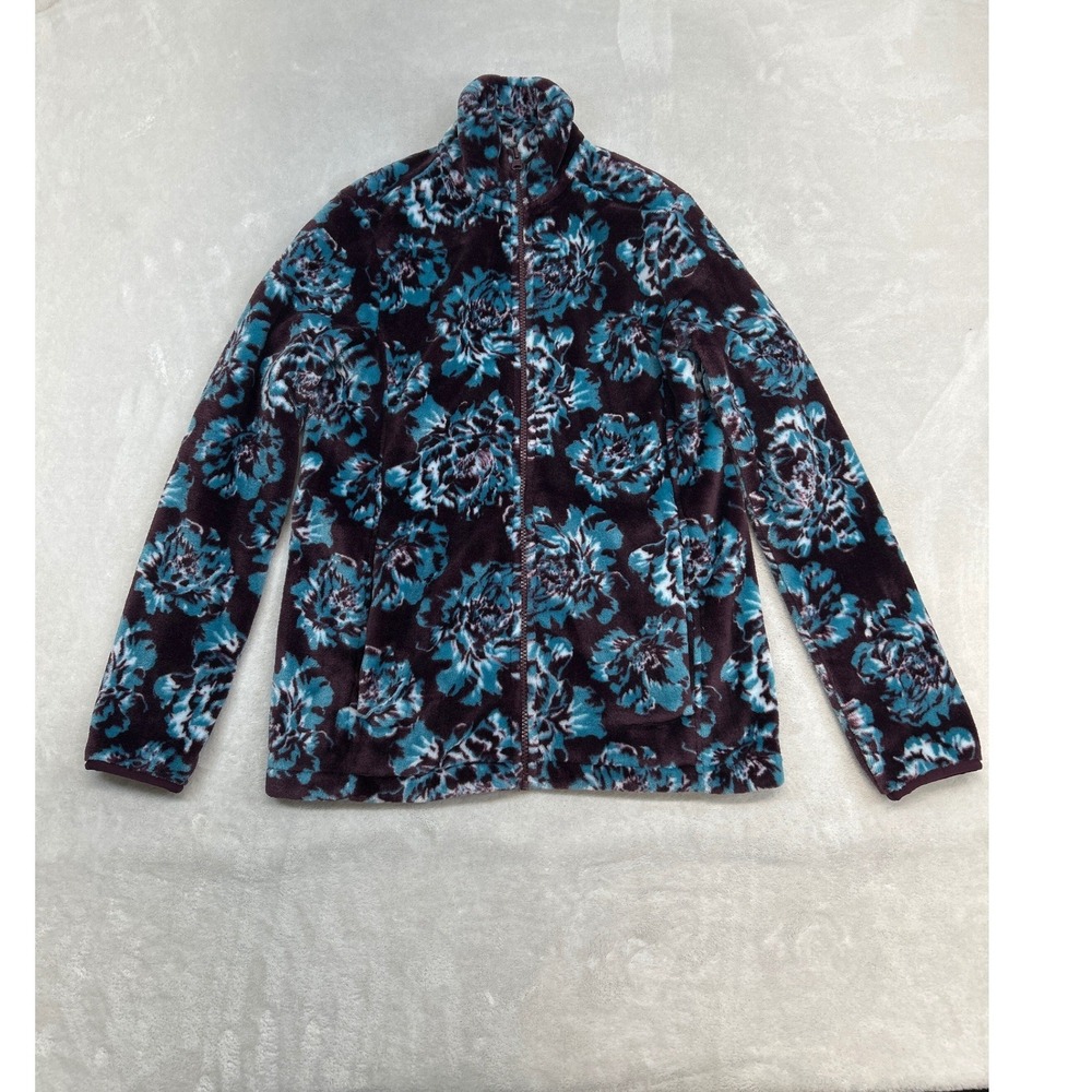 Lands' End Fleece Jacket Womens XS Burgundy Teal Floral Full Zip Mock Neck